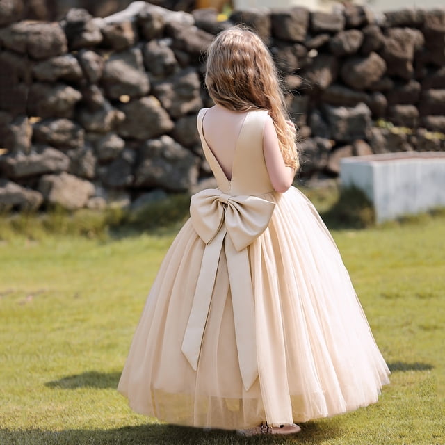 Vestido de noche para niña con lazo grande sin espalda, vestido de gasa esponjosa para niña, vestido de princesa, vestido de niña de las flores para boda