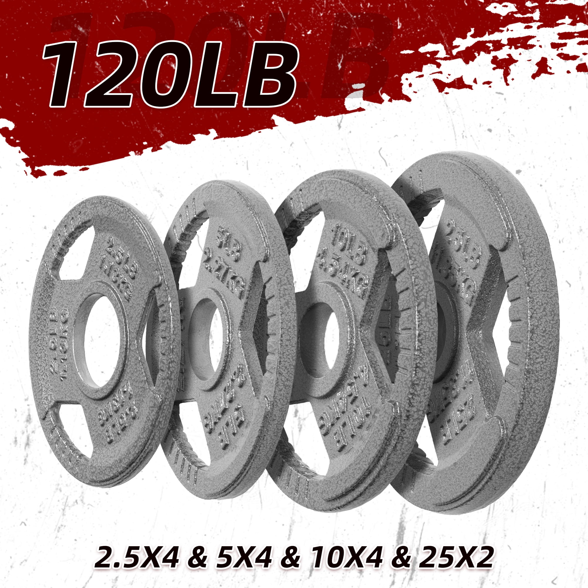 Signature Fitness 120LB Olympic Cast Iron Tri-Grip Weight Plate Set, Light Gray with Gray Lettering, 2-Inch Center Hole, Strength Training Plates for Home Gym