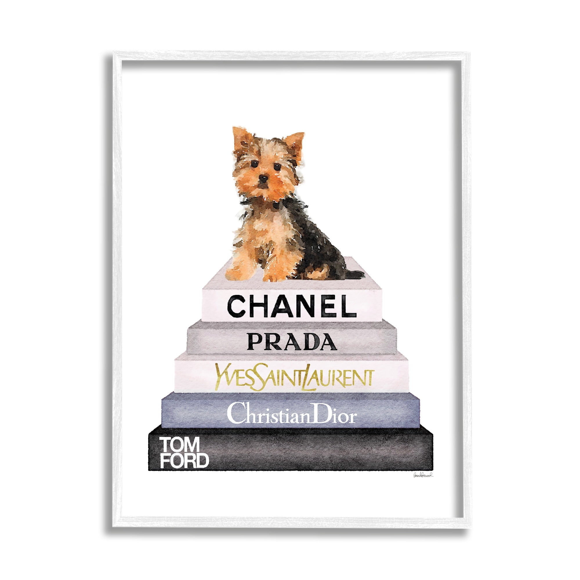 Stupell Industries Book Stack Yorkie Dog Glam Fashion Watercolor Gray Framed Art Print Wall Art, 11x14, by Amanda Greenwood