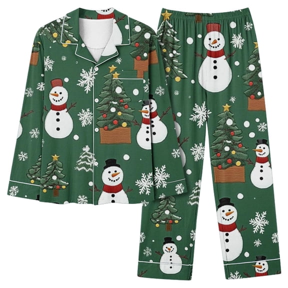 Dreluolixuan Christmas His and Hers Pajamas Sets Soft Wide Leg Elastic Waist Pants Snowman Casual Sleepwear with Pocket