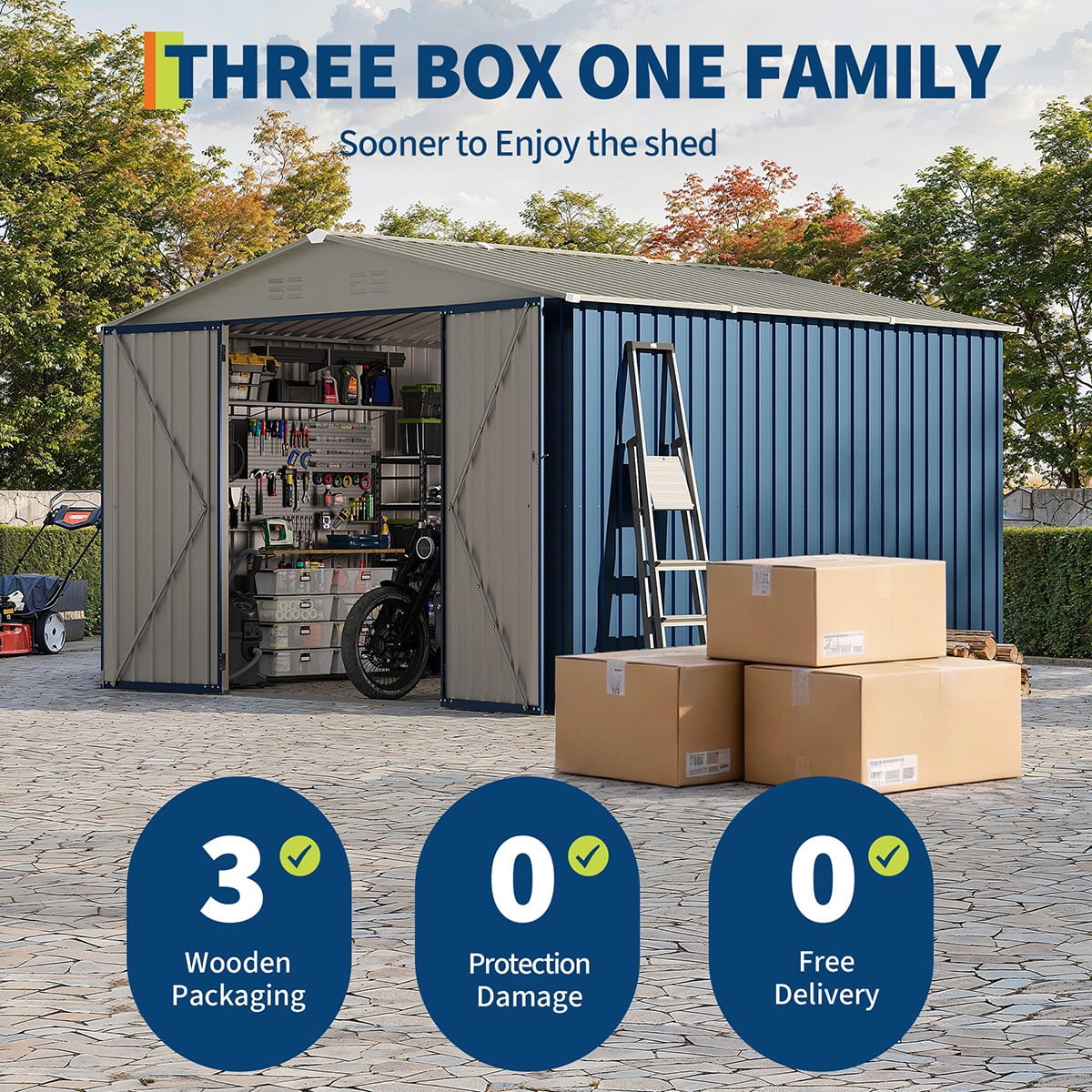 Soonbuy 10x10 FT Outdoor Storage Shed, Large Metal Garden Shed with Lockable Door & Peak Roof, 540 Cu Ft Capacity, All-Weather Galvanized Steel Tool Shed for Backyard, Patio, Lawn (ship in 3 boxes)