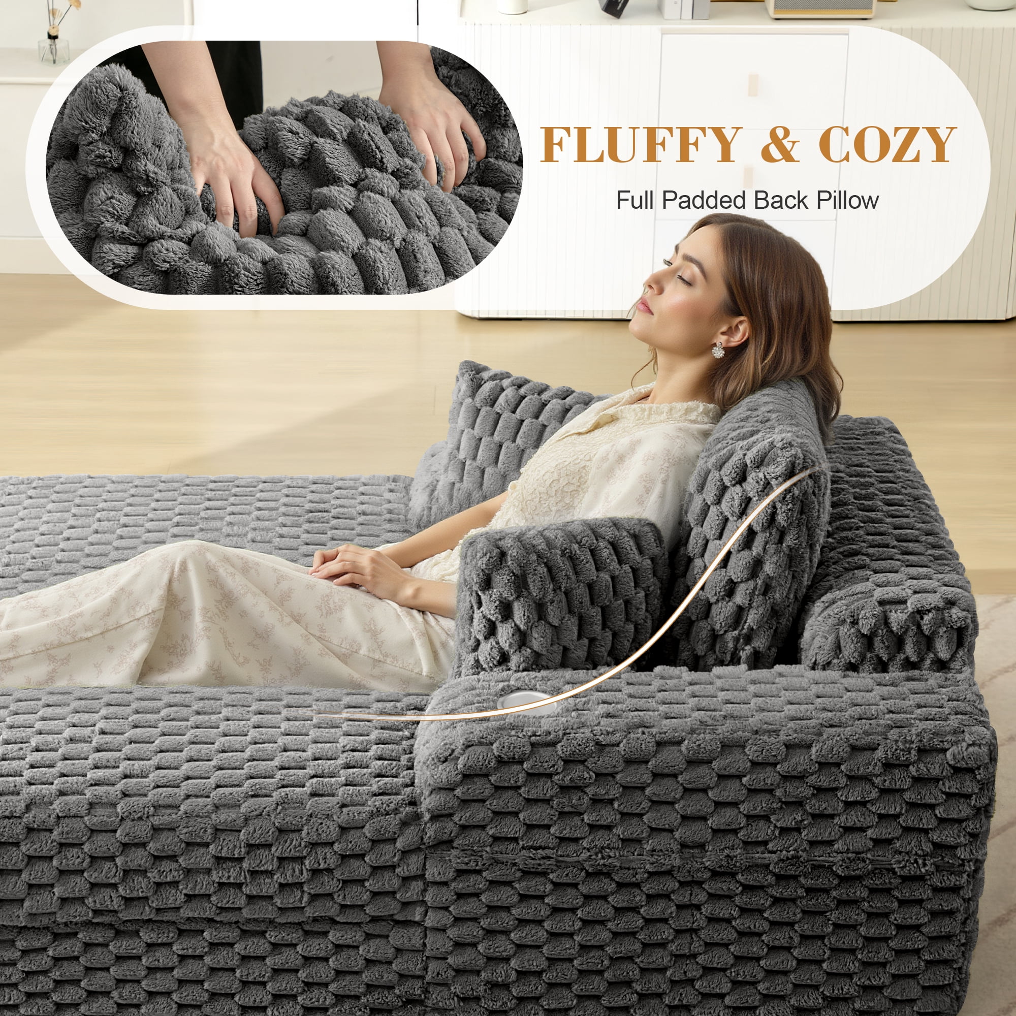 COOLHUT 46.7" W Oversized Floor Chaise Lounge Chair Sofa with Cup Holders, Cloud Plush Floor Sofa Bed Upholstered Deep Seat Sleeper Reading Chair Couch for Living Room, No Assembly, Gray