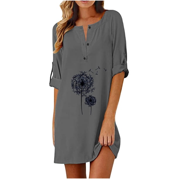 Vestido de botón de cuello redondo de manga media con estampado casual de verano de moda para mujer Pompotops ghjkhdj14610