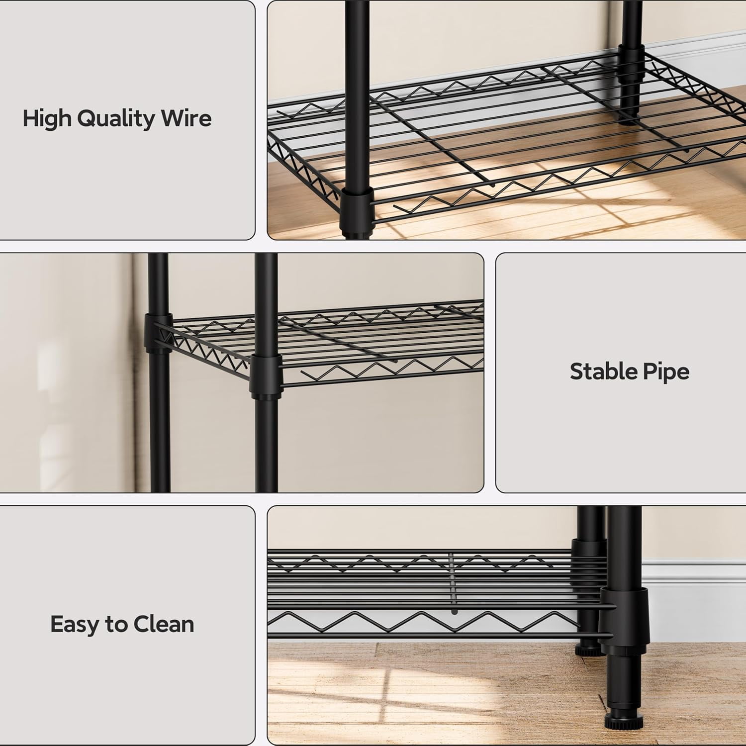 M MZG 4-Tier Metal Storage Rack, Shelving Unit with for Home, Kitchen, Living Room, Bathroom (Black, 4 Tier，11.8" D × 17.7" W× 41.9" H)