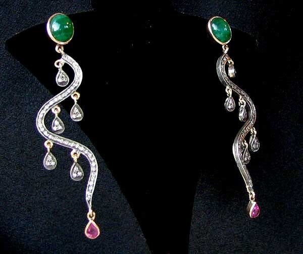 18Kt Gold Earrings Dripping W/ 108 Diamonds Pink Sapphire Emerald | 2.75 inches| - image 4 of 10
