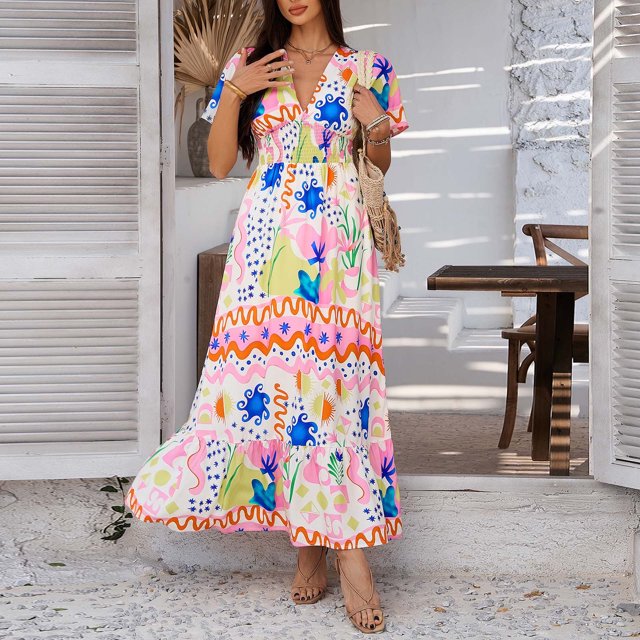 WILLBEST Vestido Lino Informal Con Estampado De Pompones Para Vacaciones, Cuello En V, Cintura Alta Y Manga Corta