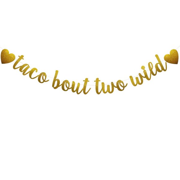 Gold Glitter Taco Wild Banner - 2nd Birthday Party Decorations for Baby Girl Boy Kids - Letters Gold - Two Wild Theme - ABCpartyland