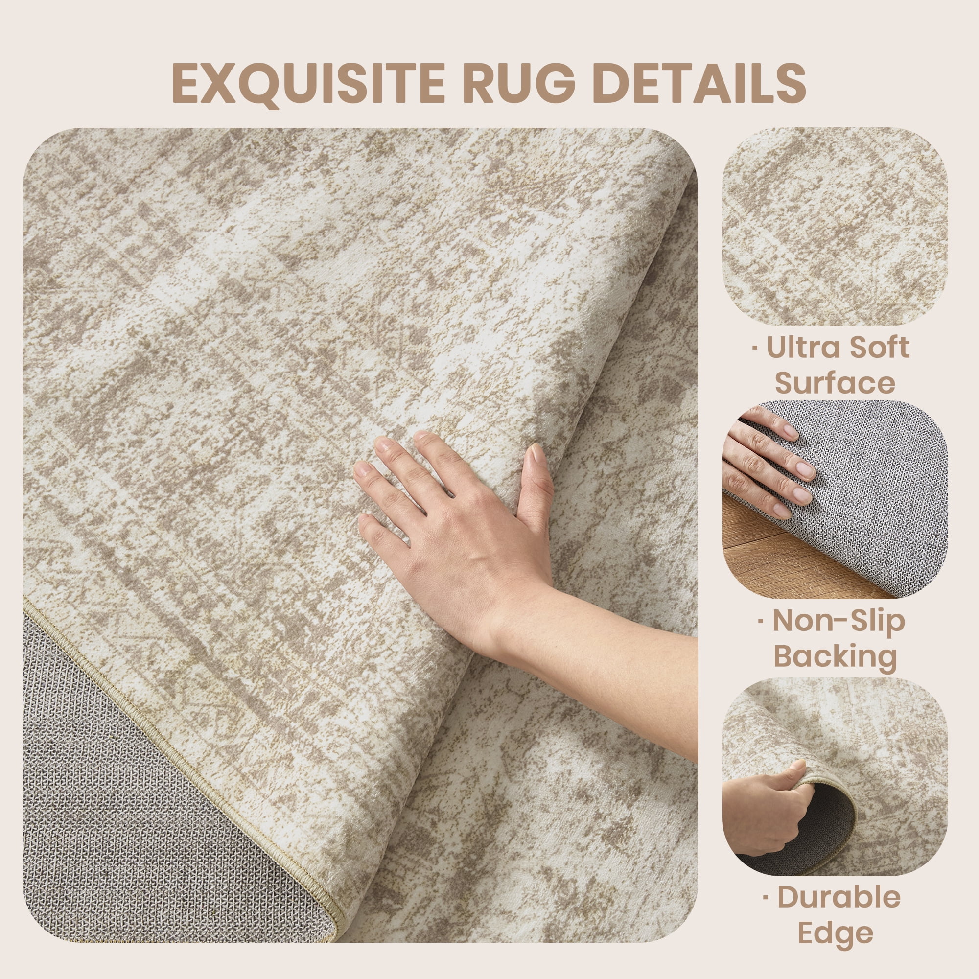Roxstand Washable Rugs 6x9, Vintage Distressed Area Rugs for Living Room, Non Slip Accent Bedroom Rug (6'x9', Beige)