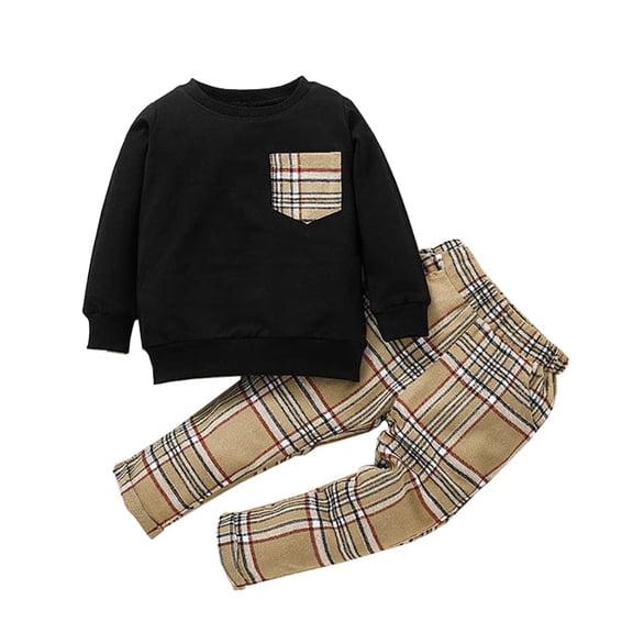 StylesILove Toddler Little Boys Black Long Sleeve Pullover Sweatshirt & Khaki Plaid Pants 2pcs Fall Winter Holidays Cotton Outfit (2-3 Years)