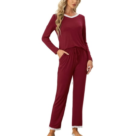 

Unique Bargains Women s V Neck Lace Nightwear with Pants Loungewear Pajama Sleepwear Sets