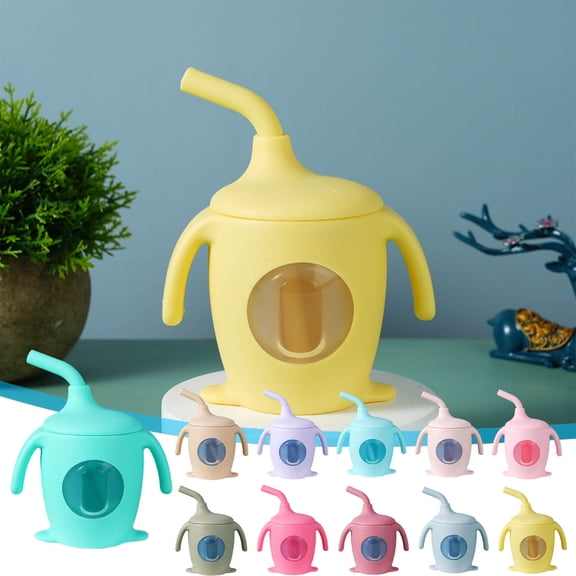 Silicone Baby Straw Cup,Leak-Proof Sippy Cups with Capacity Marking,Training Cup with Lids and Soft Spout for Infant and Toddler - Non-slip Handle,Easy Grip,Suit for Drinks and Snacks