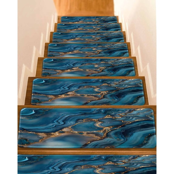 Teal Ombre Non-Slip Stair Treads for Wooden Steps, 7 Pack-8x30in Carpet Stair Mats with Adhesive Backing, Noise-Reducing Step Covers for Indoor Stairs, Easy to Install & Residue-Free