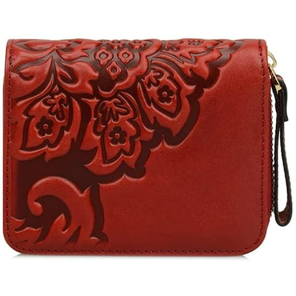 HTOOQ Women's Flora Genuine Leather Designer Wallets Money Organizer Card Case (Small 4''(W) x 1.57''(D) x 4.9''(H), Dark red) Dark red Small 4''(W) x 1.57''(D) x 4.9''(H)