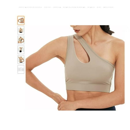 

SUANMAY Women s Sexy One Shoulder Comfortable Shockproof Yoga Sports Bra Large Size Personality Solid Color Running Underwear Fitness Vest Beige L