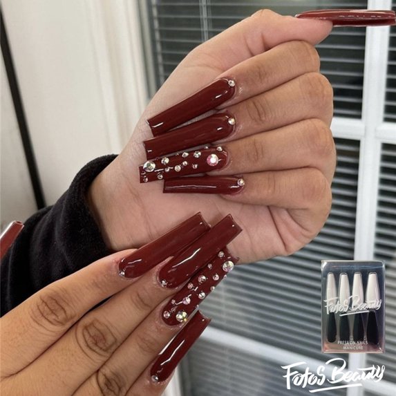 Fofosbeauty 24 pcs Long False Nails, Press-on Nails Designs 2022, Diamonds with Ruby Red