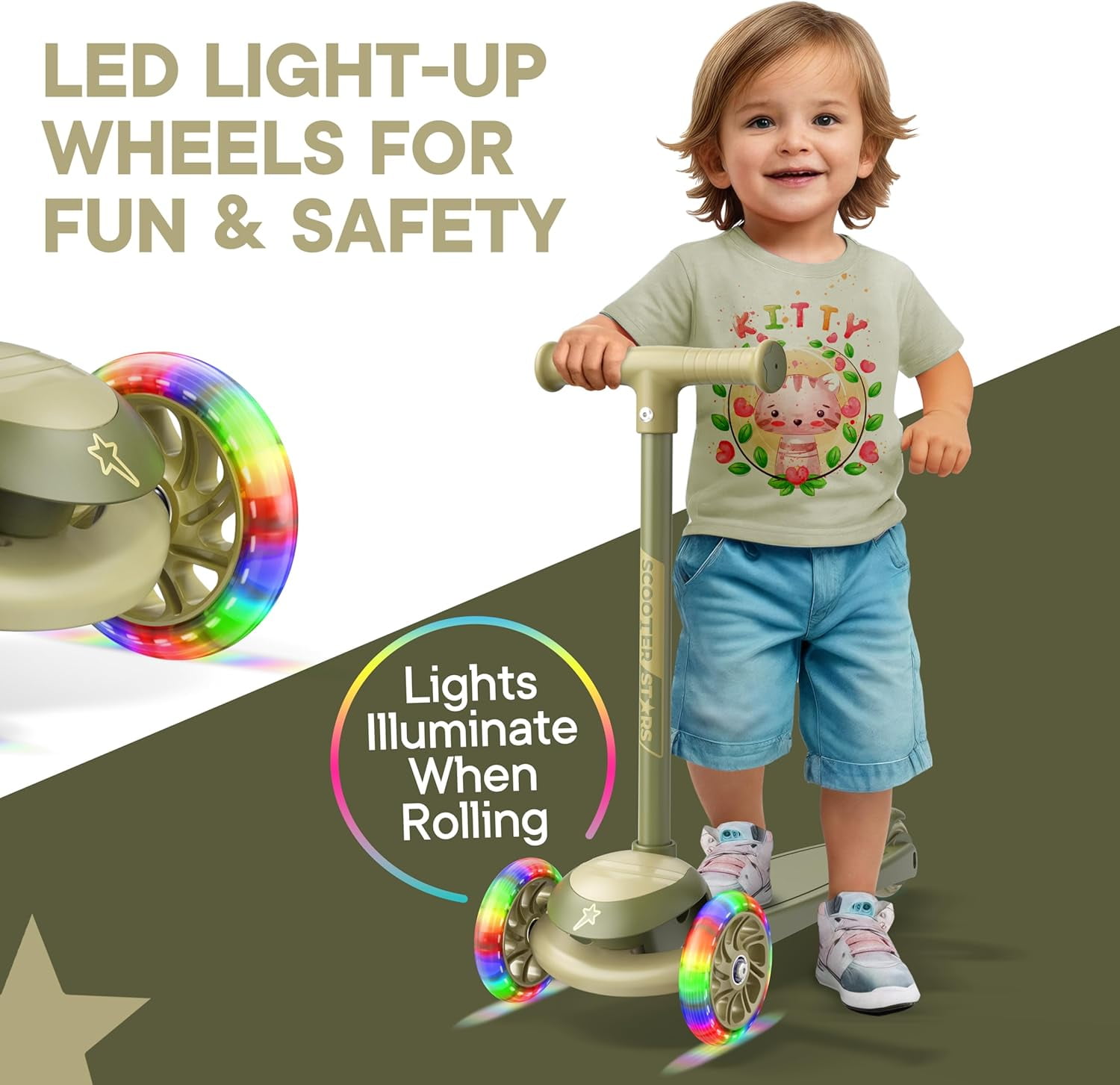 Scooter Stars 3-Wheel Kids Scooter with Light-Up LED Front Wheels, Wide Anti-Slip Deck, Rear Foot Brake, Lean-to-Steer Ride-On Toy