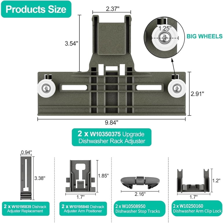 10 PZ Regolatore Rack Lavastoviglie Aggiornato W10350375