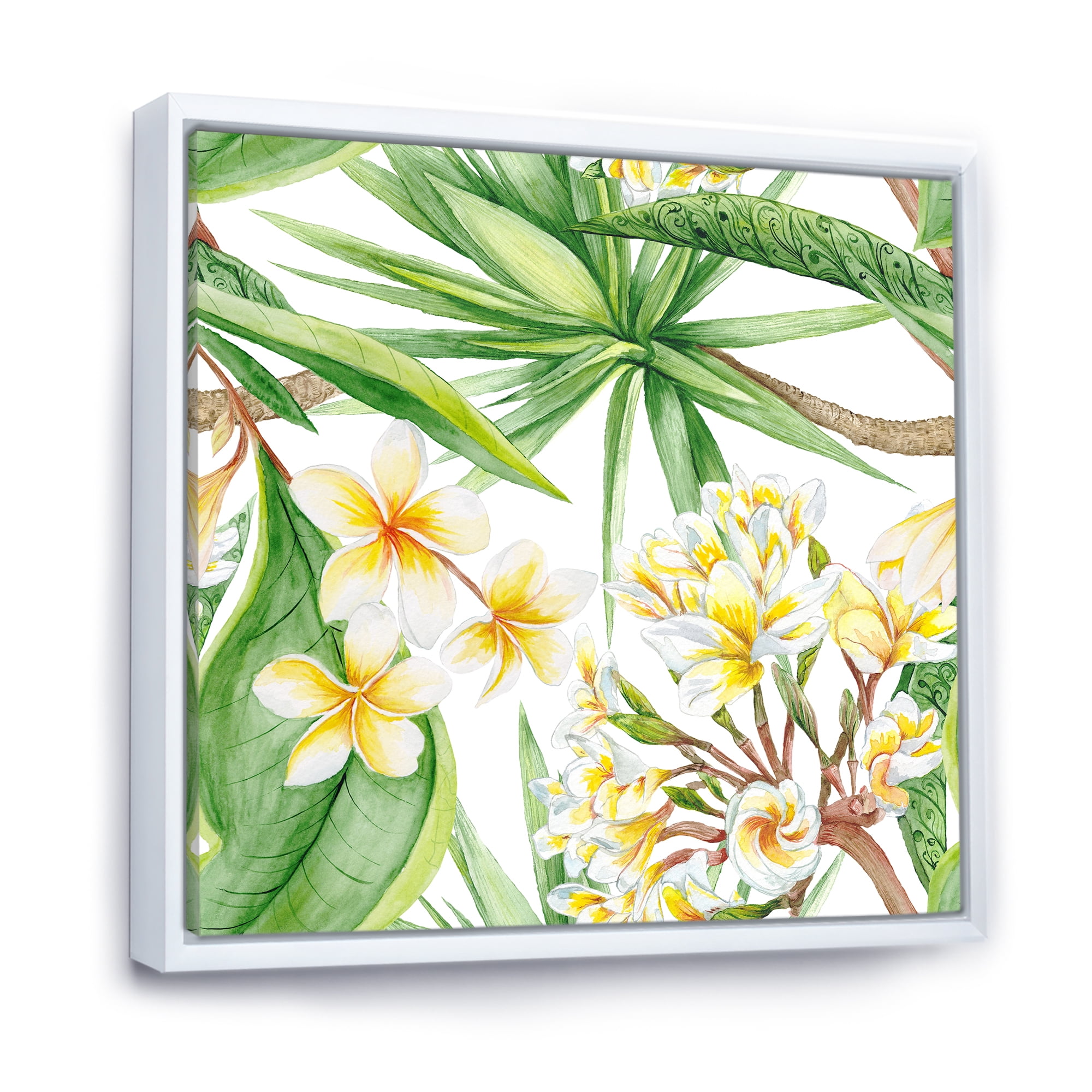 Designart 'Yellow Flowers and Tropical Foliage I' Modern Framed Canvas Wall Art Print