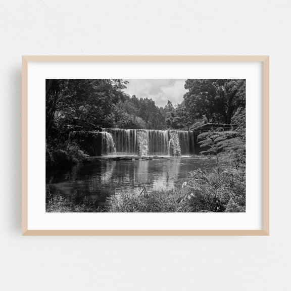 Wai Koa Stone Dam - Kilauea Hawaii Photography Waterfall Black and White Nature Forest Scenic Landscape Vintage Oak Framed Wall Art Print 6 x 8 inches