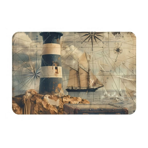 Picia Vintage Nautical Lighthouse Pattern Flannel Doormat 16x24 Inch Non-Slip Indoor Mat, Absorbent & Quick-Dry Rug for Entryway, Bathroom, Kitchen, and Bedroom, Machine Washable