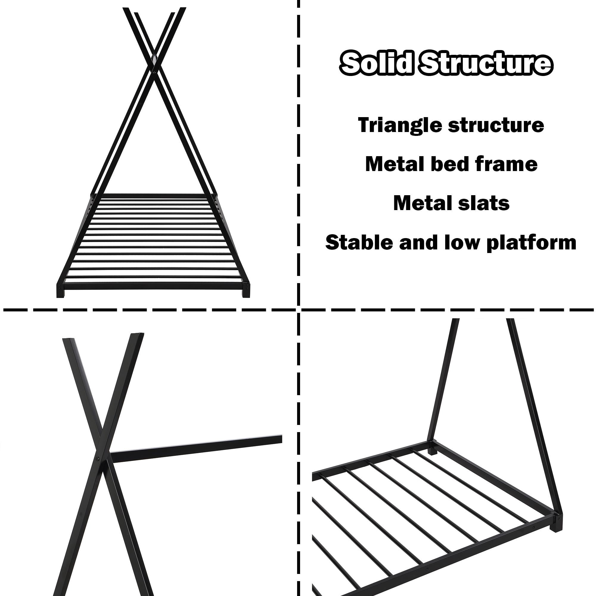 Bellemave Twin Size Montessori Floor Bed Metal Tent Bed Frame with Triangle Structure and Slat Support House Bed Teepee Bed Frame, No Box Spring Needed, Black