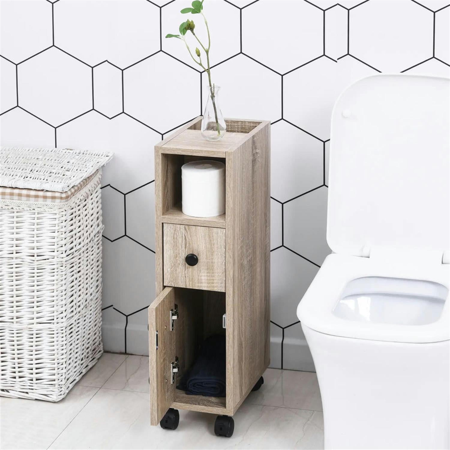 Demi Bonn 27" Rolling Narrow Bathroom Side Storage Cabinet with 4 Rolling Wheels and Drawer, Bathroom Storage Cabinet for Small Spaces, Brown