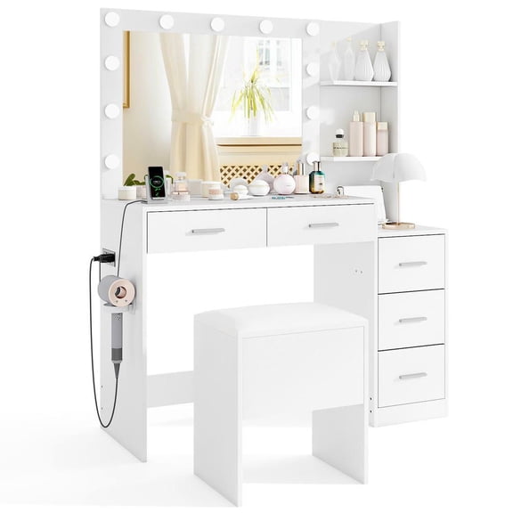 Resenkos Makeup Vanity Set - Dressing Table, Cushioned Stool, Hair Dryer Stand - White