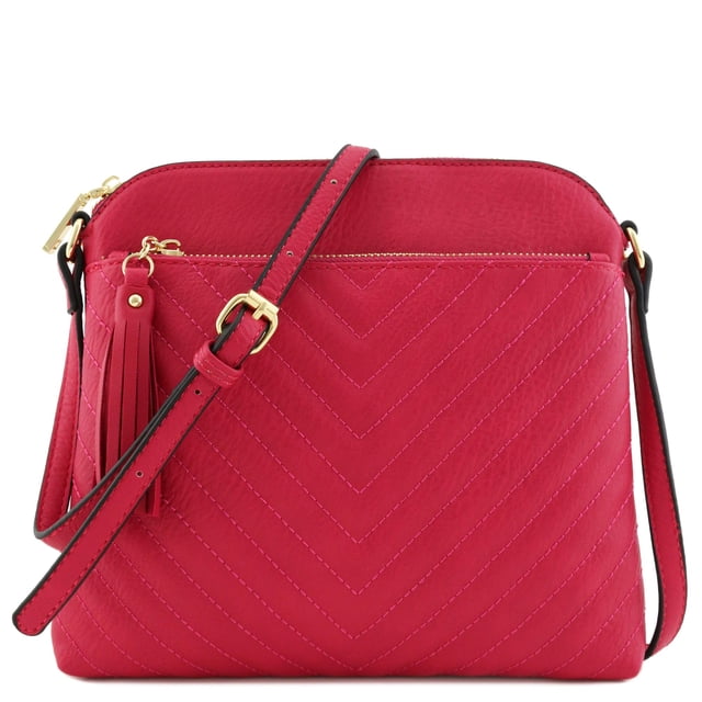 chevron Quilted Medium crossbody Bag with Tassel Accent (Fuchsia)