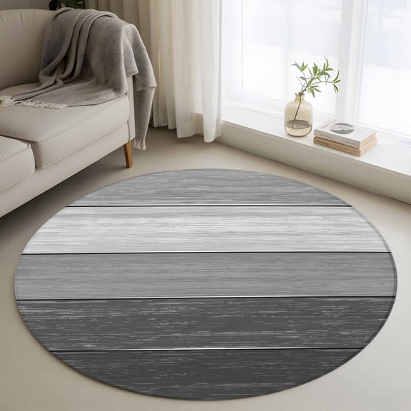 Round Area Rug 4 Ft, Grey Ombre Washable Non-Slip Circle Carpet for Living Room/Bedroom, Farmhouse Vintage Wooden Grain Texture Low-Profile Crawling Mats Collection Rugs for Indoor