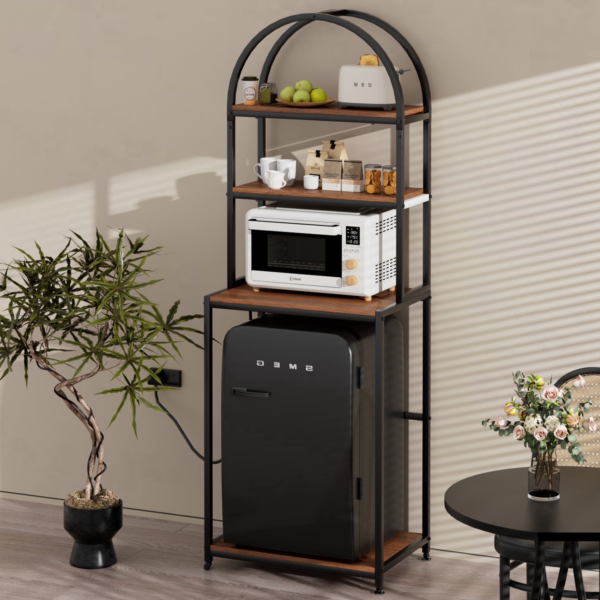 Fridge Stand with Power Outlet and Wheels, 4-Tier Mini Fridge Cabinet with Storage, Kitchen Storage Shelf Rack for Living Dining Room