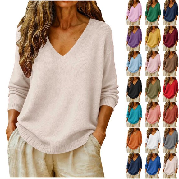 Horkkom Sweaters for Women V Neck Pullover Sweaters Casual Loose Solid Color Trendy Fall Sweaters L, Gifts for Women