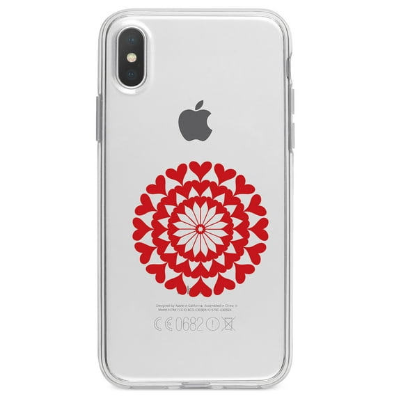 DistinctInk Clear Shockproof Hybrid Case for iPhone X / XS (5.8" Screen) - TPU Bumper Acrylic Back Tempered Glass Screen Protector - Red Hearts Mandala