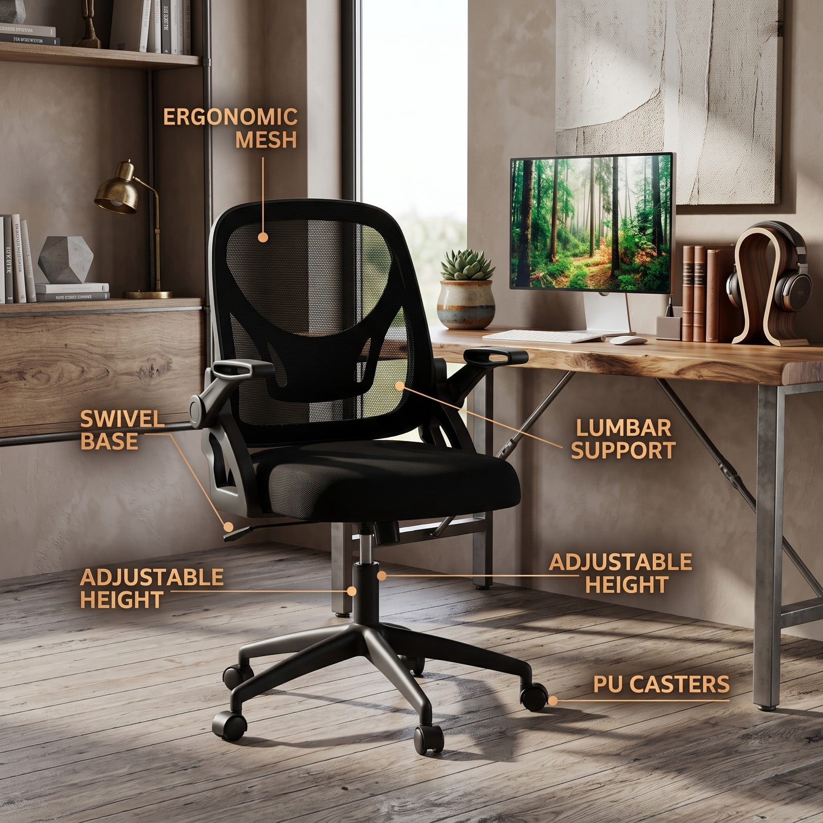 Furnibear Ergonomic Computer Desk Chair, Mesh Home Office Task Chair with Lumbar Support, 90 Degree Flip-up Armrests, Height Adjustable Swivel Rocking Chair, Black
