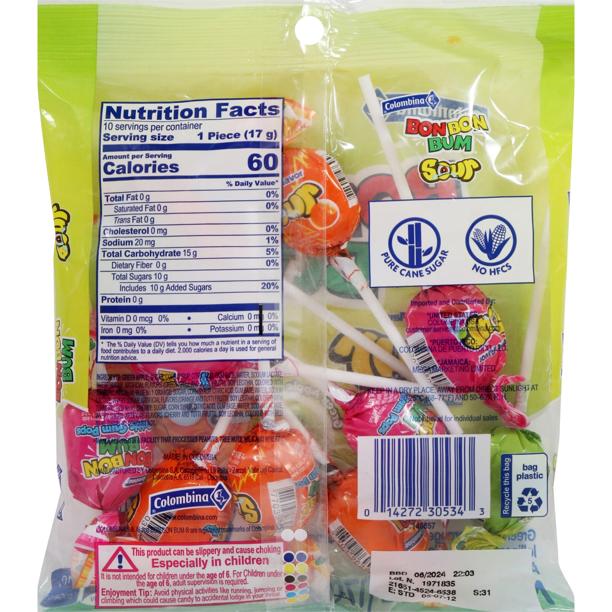 Colombina Bon Bon Bum Sour Bubble Gum Pops, 6 oz (Pack of 12)