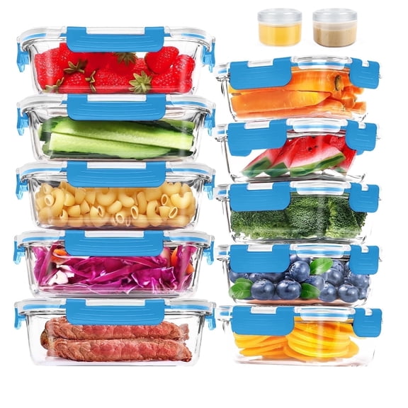 24 Pcs Glass Food Storage Containers with Lids, Glass Airtight Meal Prep Container Set for Lunch, Kitchen Pantry Organizers and Storage, Leak Proof, Blue