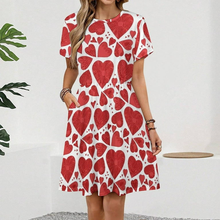 Valentines Day Hand Drawn Red Hearts Dress Fashion Beach Short Sleeve  Dresses Female Party Printed Sundress - Walmart.com