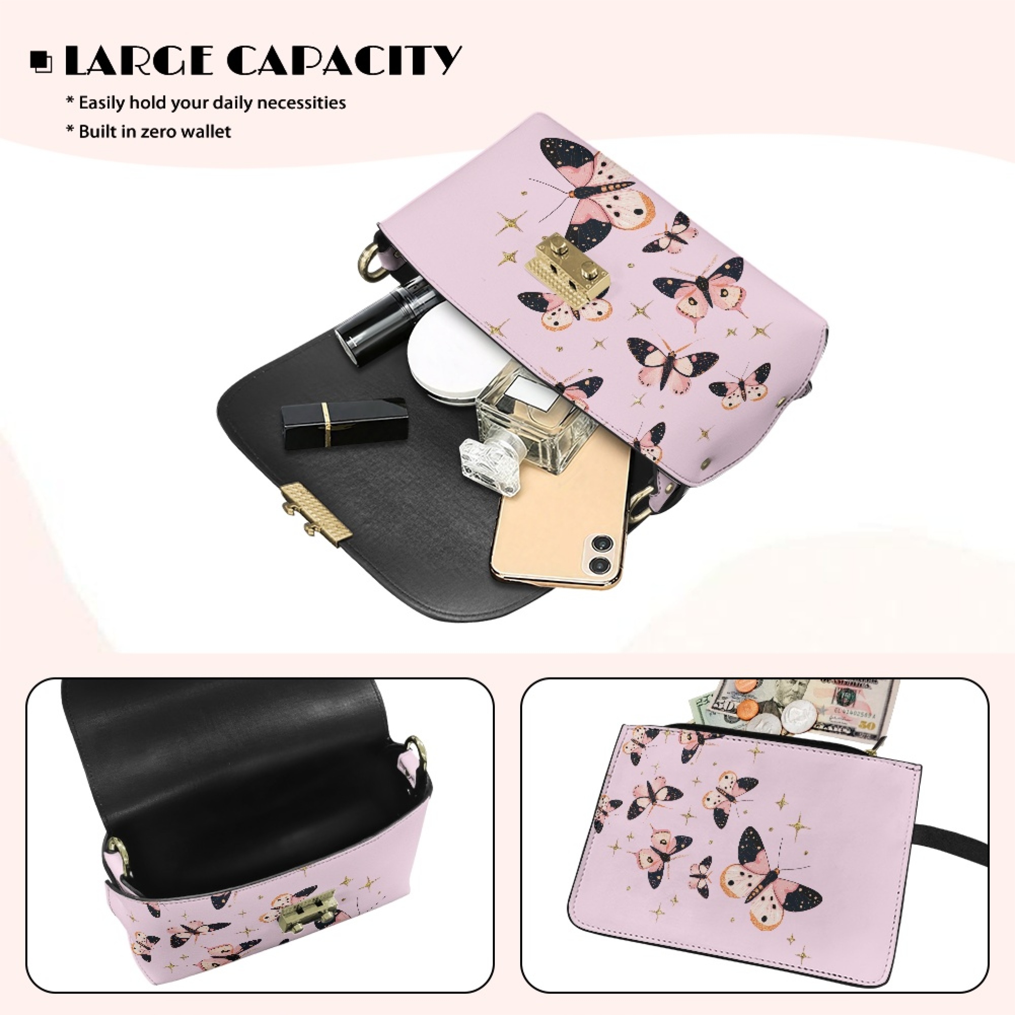 TSOVTHRID Pink Butterfly Star Print Crossbody Bags for Women Leather Tree Casual Women's Shoulder Purses Travel Crossbody Handbags with Small Purse Chain Holiday