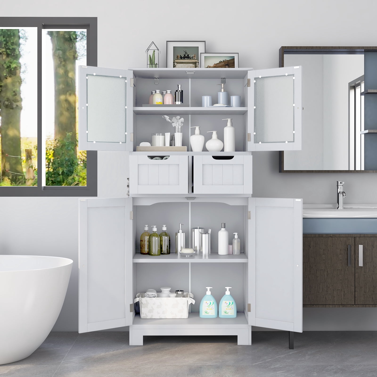 Giantex Freestanding Bathroom Storage Cabinet, Tall Linen Floor Cabinet w/Adjustable Shelves, White