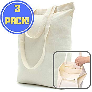 Heavy Duty and Strong, Large Zippered Canvas Tote Bags with Bottom Gusset & Zippered Pocket for Crafts, Shopping, Groceries, Books, Welcome Bag, Diaper Bag, and the Beach! (3,