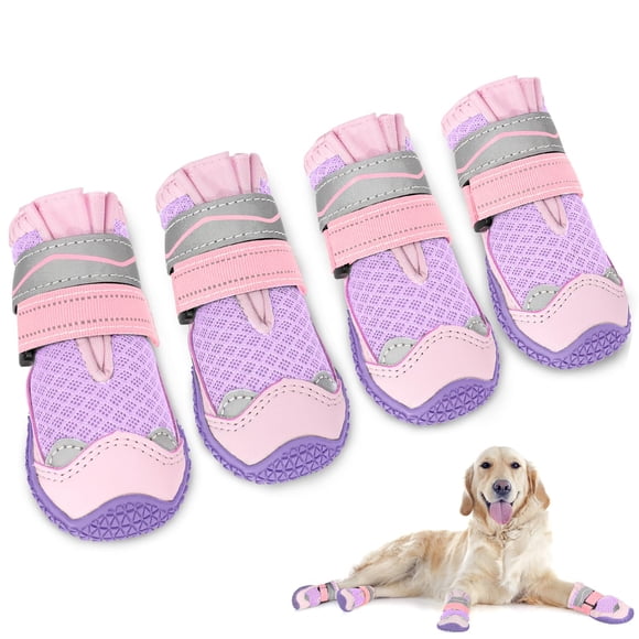 AUTOWT Bottes pour Chiens, Chaussures Respirantes Protecteurs de Pattes pour Chiens, Bottines pour Chiens Doubles Réglables et Lavables Antidérapantes avec Bande Réfléchissante pour Grands Moyens Petits Chiens Pattes Blessées Marche Course Extérieur (Rose, 6)