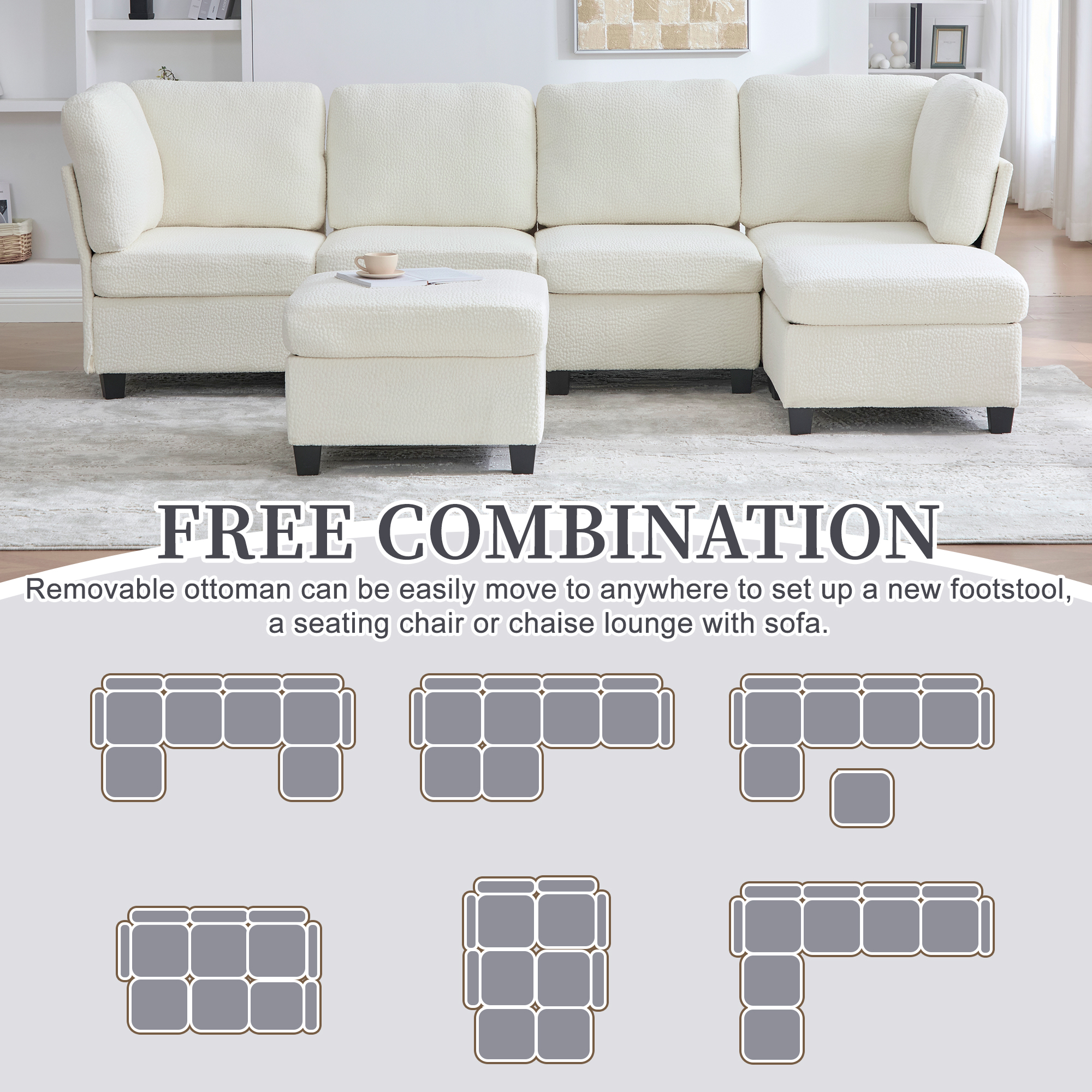 MOONMISS 6-Seat Polyester Upholstered U-Shaped Modular Storage Sleeper Sectional Sofa with Storage Ottoman-Beige
