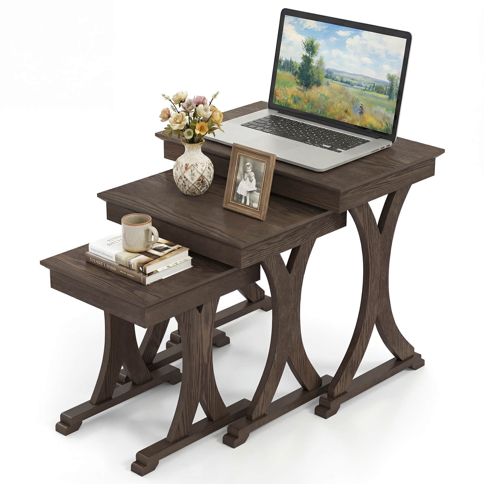 Costway 3PCS Nesting Coffee Table, Side Table with Solid Rubber Wood Legs for Living Room