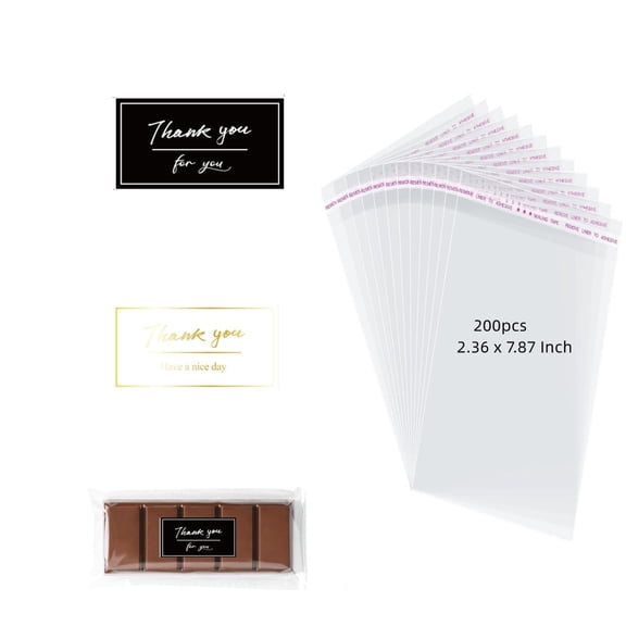 Naisfei 200 Pcs Self Sealing Cellophane Bags for Chocolate Bars, Clear Candy Wrappers with Stickers - 2.36 x 7.87 Inch Disposable Packaging for Pistachio Chocolate, Treat Bags