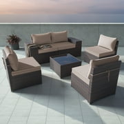 ALAULM Outdoor Furniture Sets 6 Piece Patio Sectional Furniture All-Weather Outdoor Patio Sofa PE Wicker Backyard Deck Couch Conversation Chair Set w/Table & 5 Black Thickened Cushions, Sand