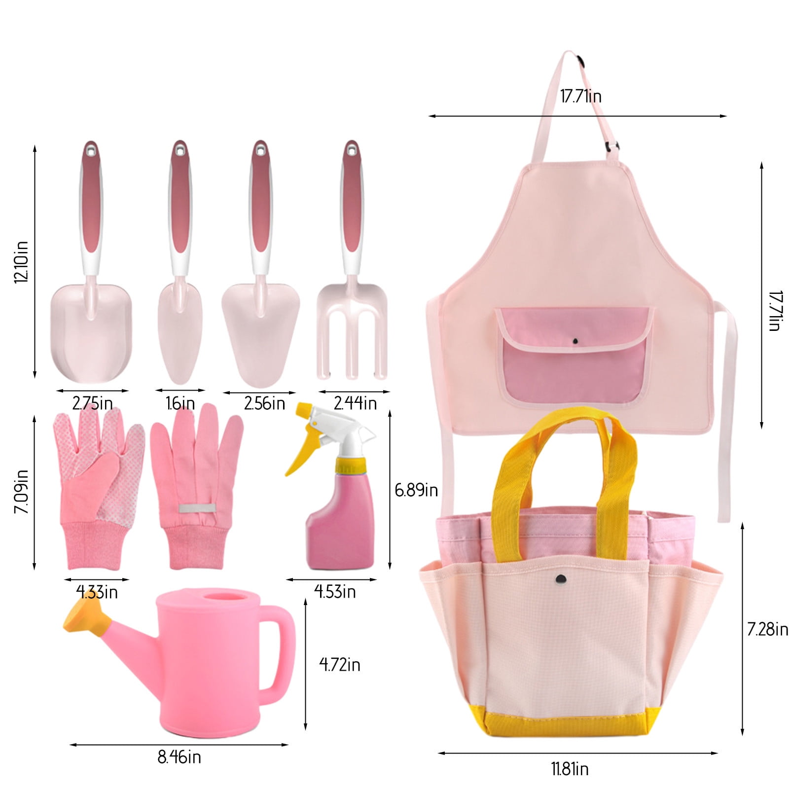 Penmahua 9 Piece Pink Kids Gardening Tool Set Complete Kit For Outdoor Play And Learning Includes Tools Apron Gloves And Bag For Ages 3-8 Abs And Metal Construction