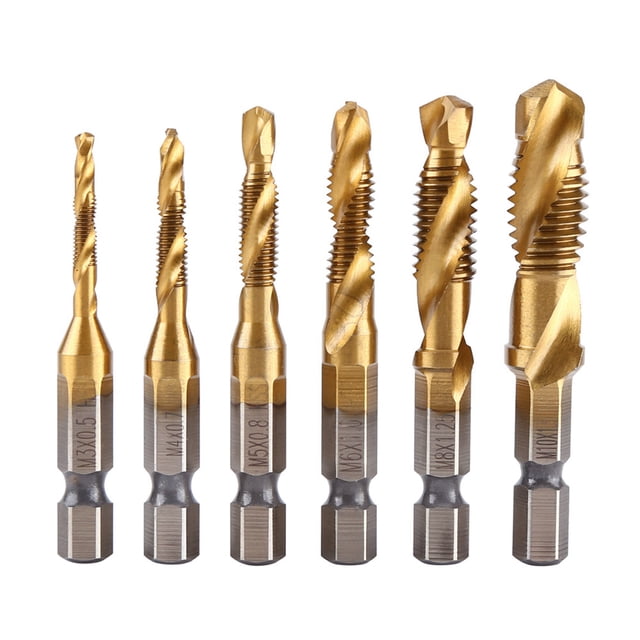 6 brocas HSS con revestimiento de titanio, rosca métrica M3-M10, vástago hexagonal de 1/4"