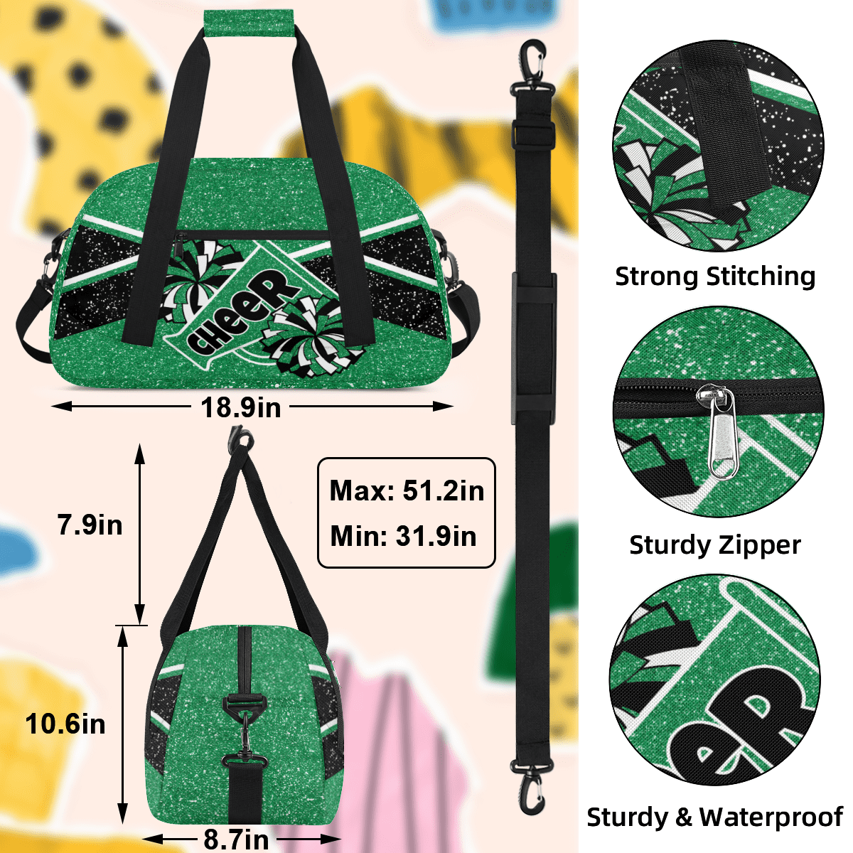 Herdesigns Cheer Bag Sports Duffle Bags Cheerleader Green Gym Bag Weekender Travel Bag Waterproof Overnight Bag Carry On Travel Tote Bag Dance Bags