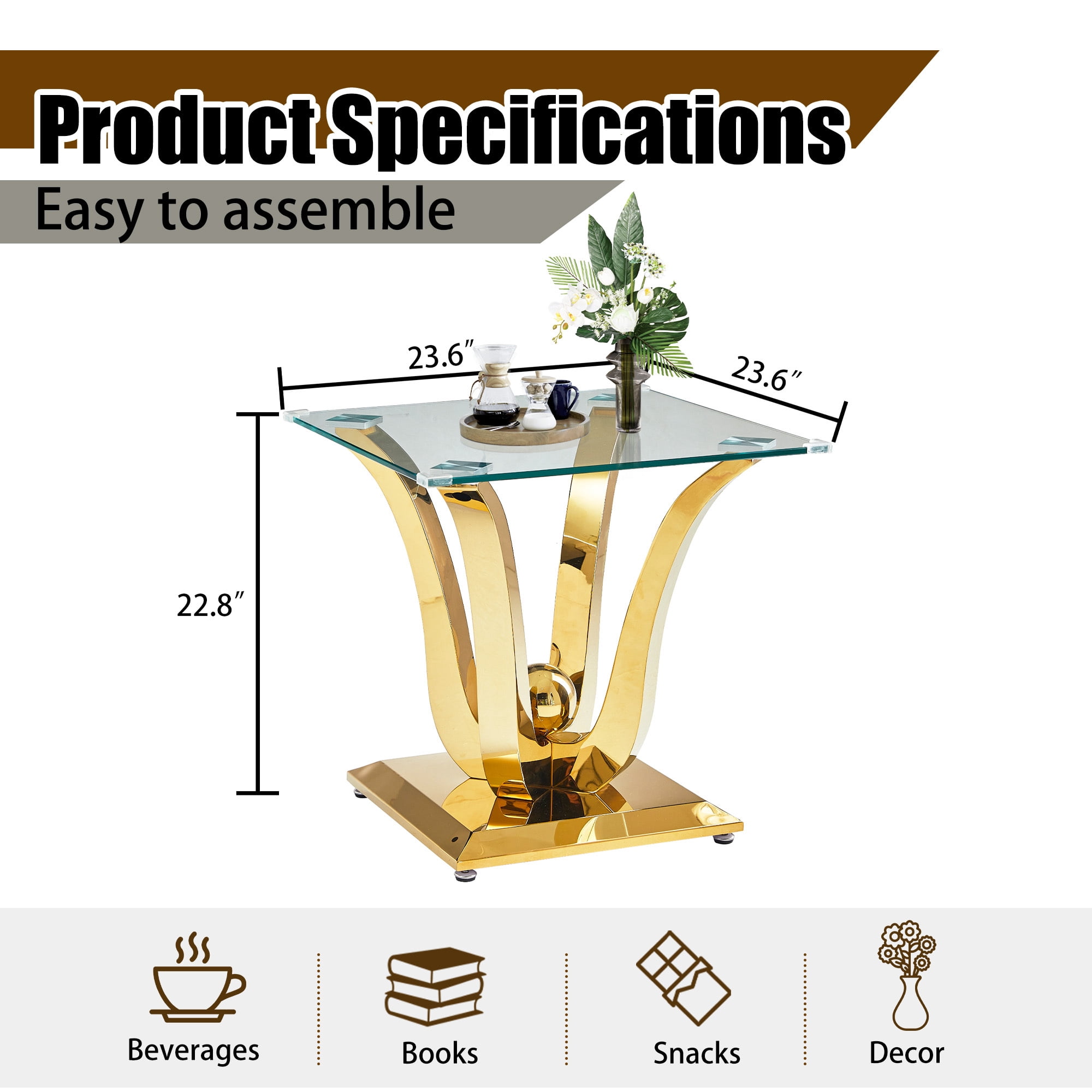 23.62" Square Glass End Table with Tempered Glass Top and Modern U-Shaped Stainless Steel Base, Perfect for Living Room and Bedroom