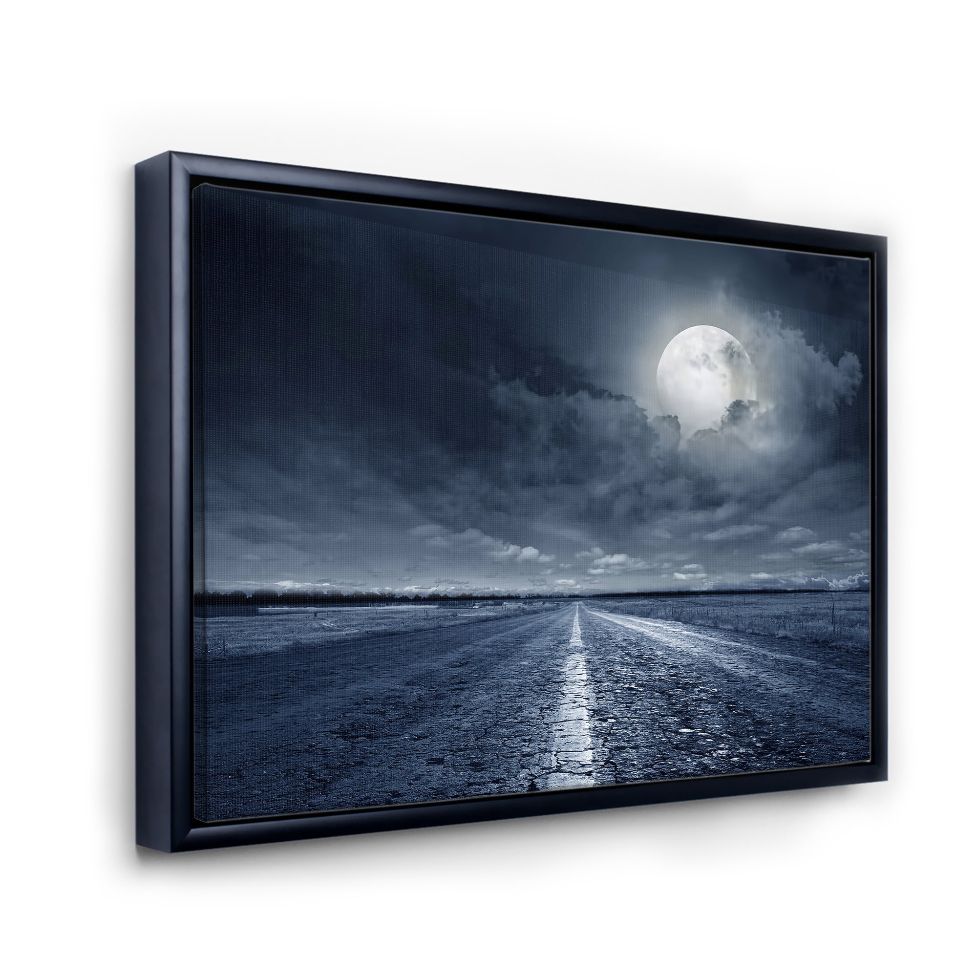 Designart 'Cloudy Full Moon Over Asphalt Road I' Nautical & Coastal Framed Canvas Wall Art Print