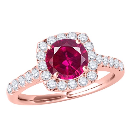 Mauli Jewels Engagement Rings for Women 1.35 Carat Halo Created Ruby And Diamond Engagement Ring Crafted 4-prong 14k Solid Rose Gold